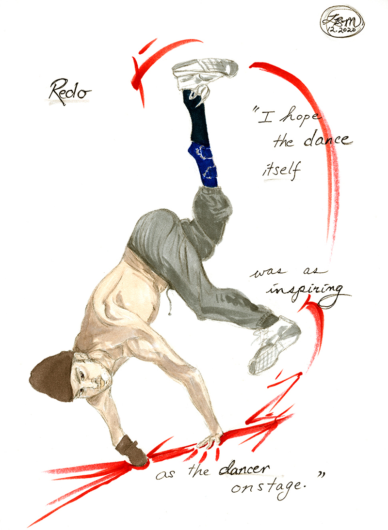 illustration of Redo dancing upside down with his feet in the air