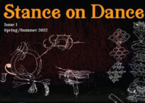 "Stance on Dance" in orange against an illustration of etchings on a black background.