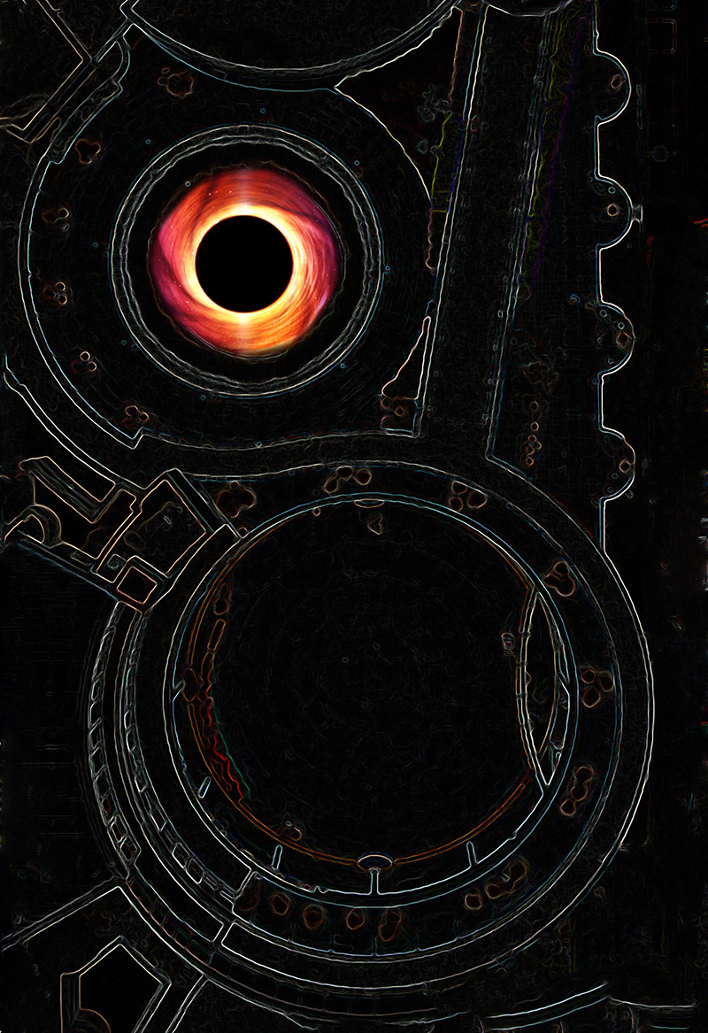 A black etching with a yellow black hole in the top left corner.