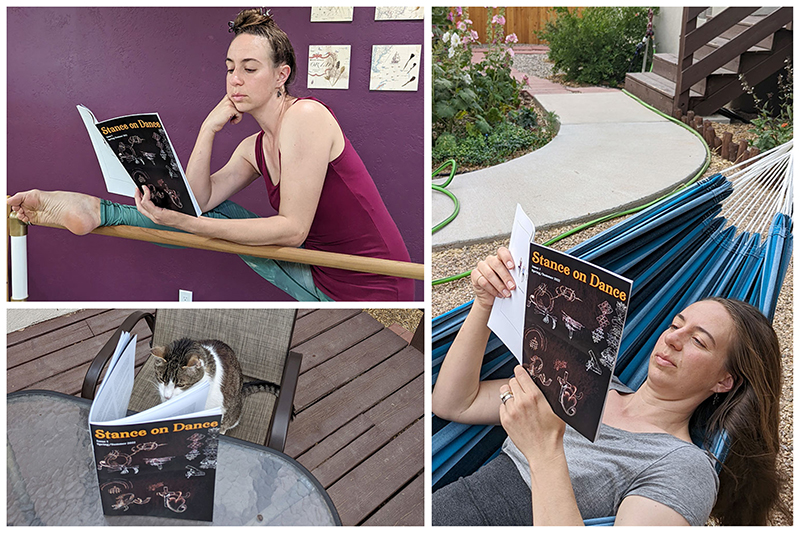 A composite of reading Stance on Dance in print at a barre, in a hammock, and a cat reading it.