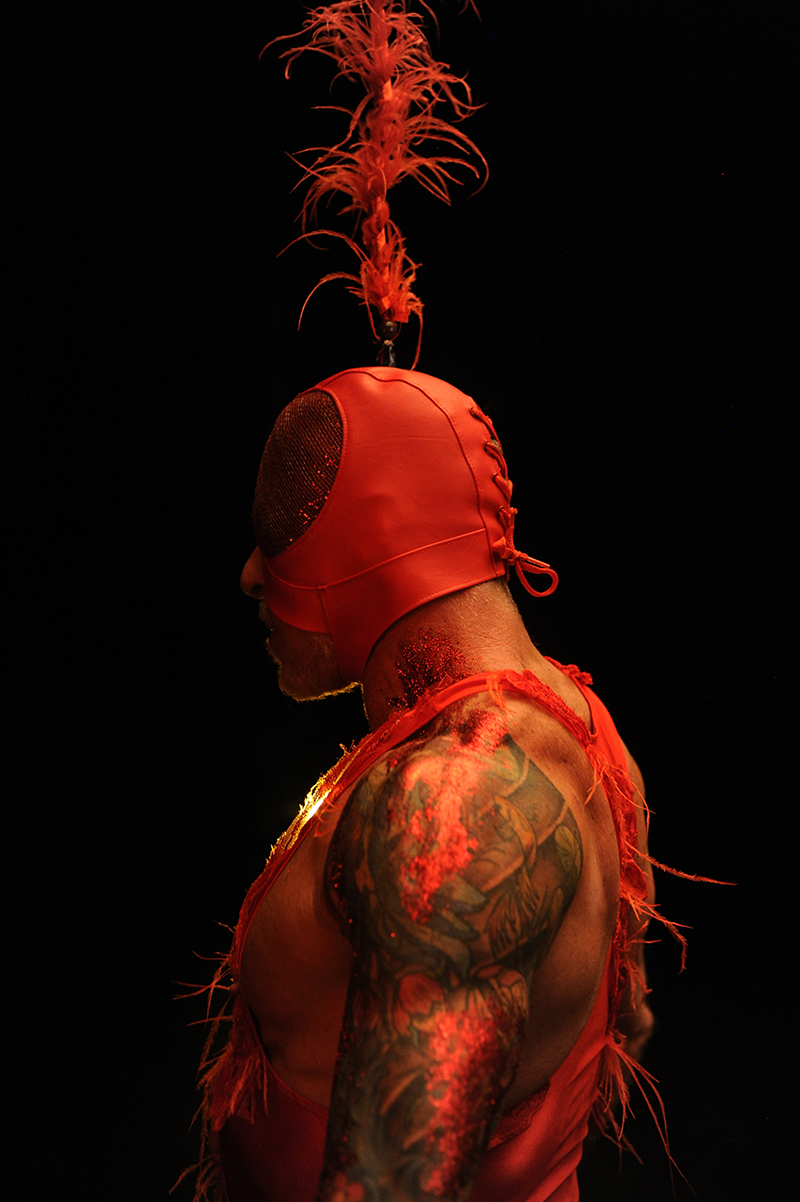In a dark void, a muscular and tattooed figure in a red falcon hood and red feathered singlet faces away from the viewer. 