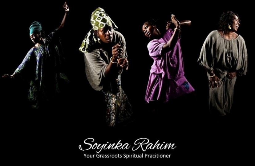 Four poses of Soyinka dancing against a black background.