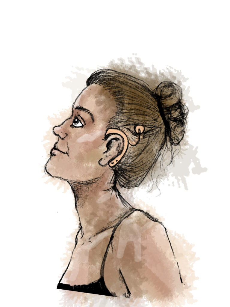 An illustration of a dancer wearing a hearing aid and a bun.