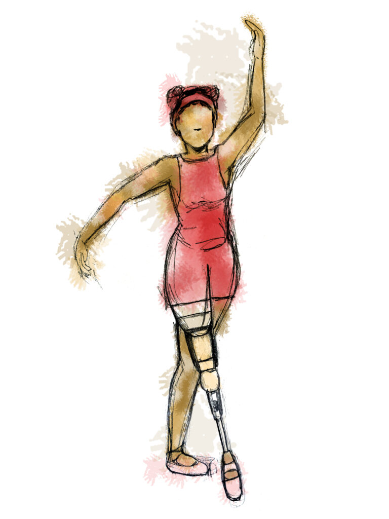 An illustration of a dancer with a prosthetic doing a tendu with one arm overhead.