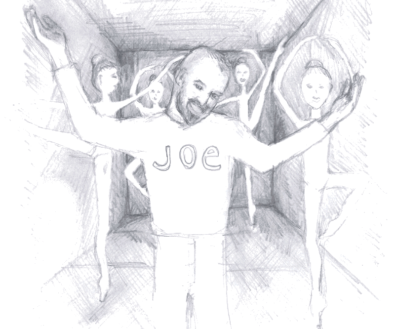 An illustration of Joe in a black box theater smiling with his hands out to the sides. Ballerinas doing various tricks dance behind him.