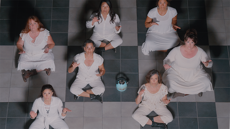 Seven dancers wearing white sit crosslegged on a tiled floor and look up at the camera.