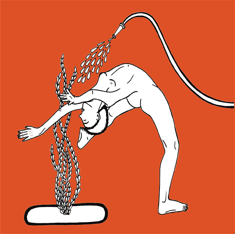 An illustration of a person leaning back and reaching for a plant with a shower spraying over them.