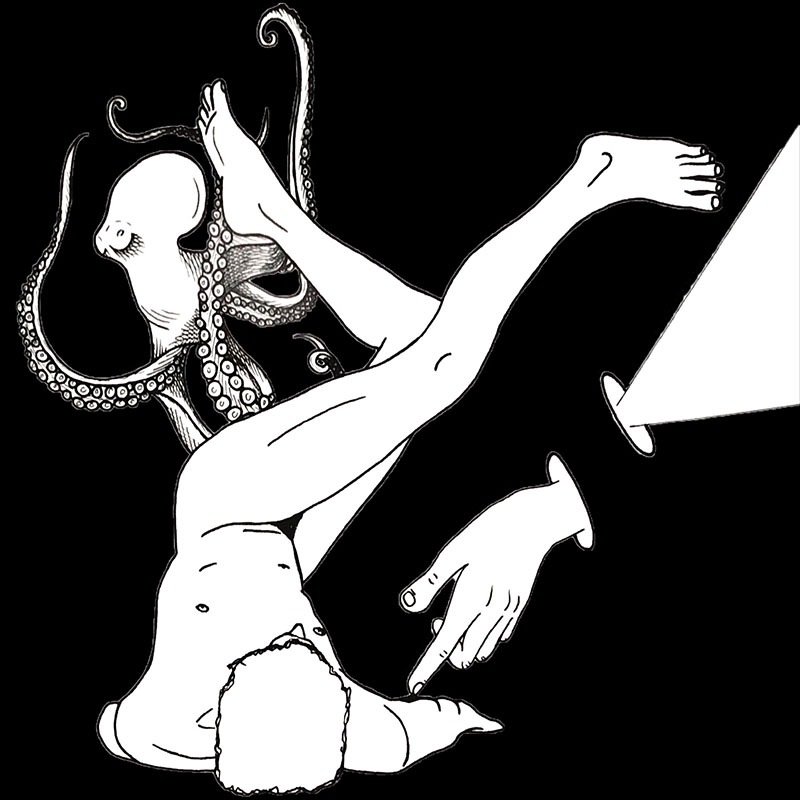 An illustration of a person lying on their back with their feet in the air. An octopus swims behind them and a hand without a wrist gently points toward them.