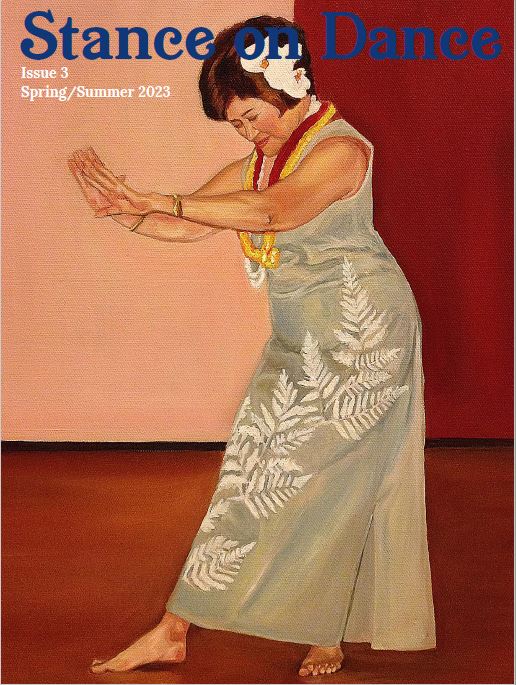 A paiting of a hula dancer in a gray dress with two leis and a flower in her hair. The dancer leans to one side and gently extends her arms.