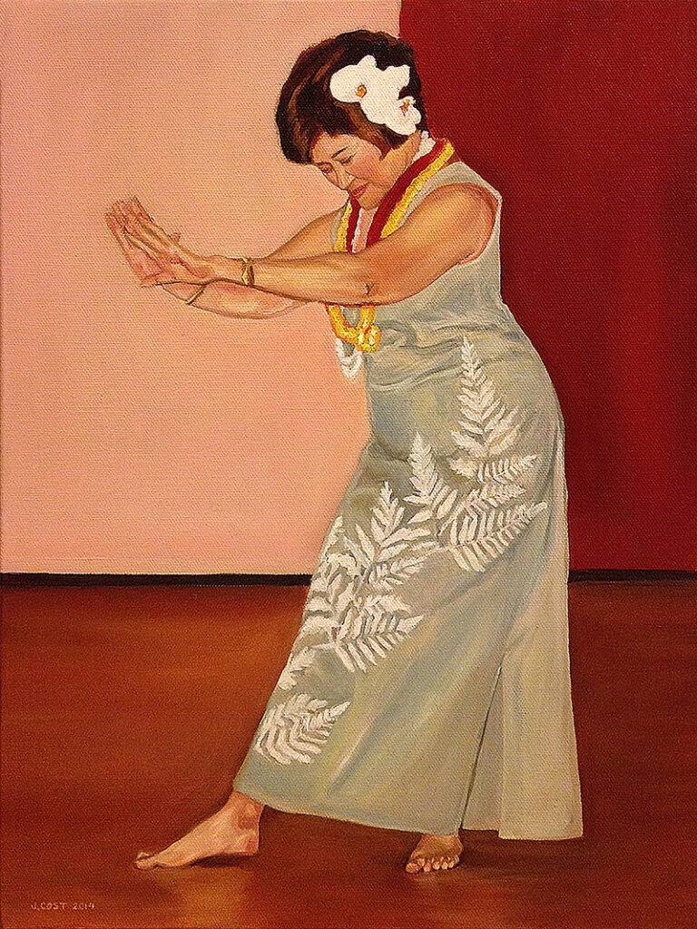 A painting of a hula dancer with arms gently raised. She is wearing a long gray dress against a red background.