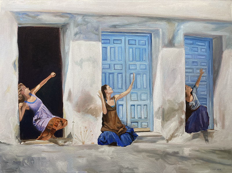 Three dancers kneel in three adjacent outdoor doorways, all with one arm raised.