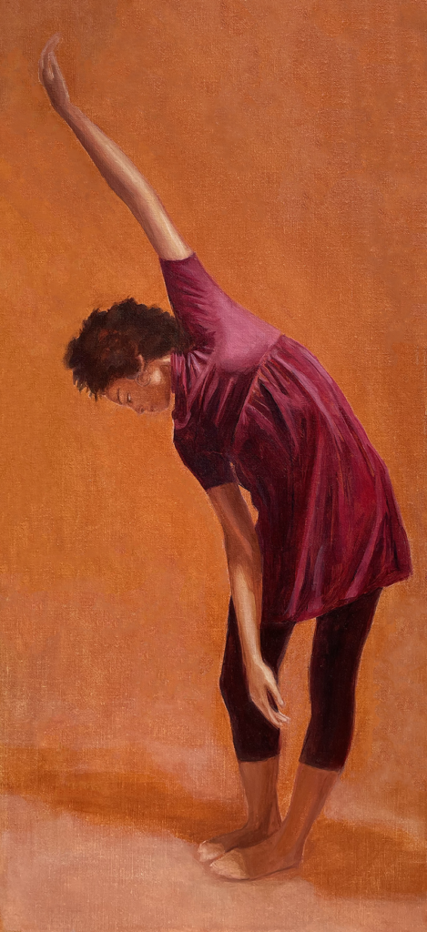 A long painting of a dancer leaning over with one arm raised. She is wearing a pink shirt and black leggings against an orange background.