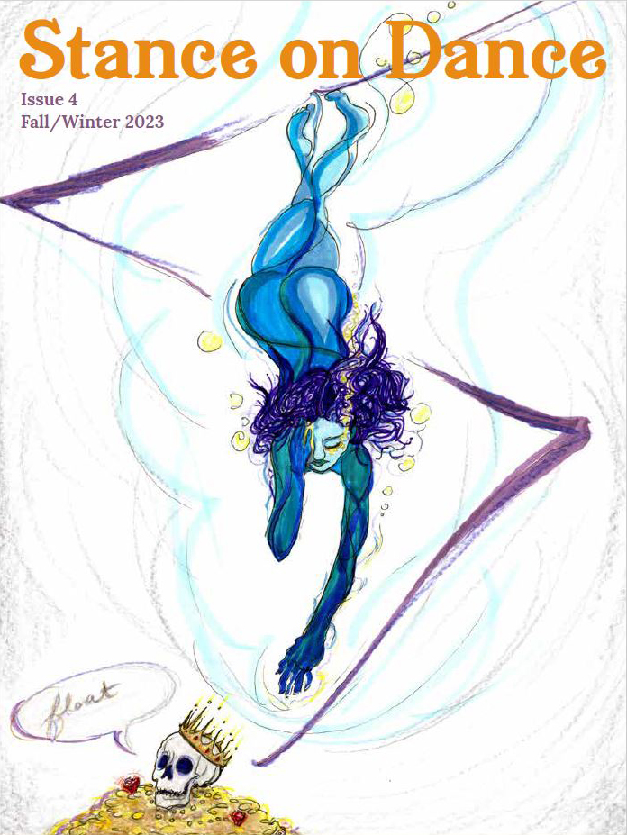 Stance on Dance's fall/winter 2023 print publication cover.  A blue naked woman seems to swim down to gold treasure. The word "float" drifts above the skill atop the treasure.