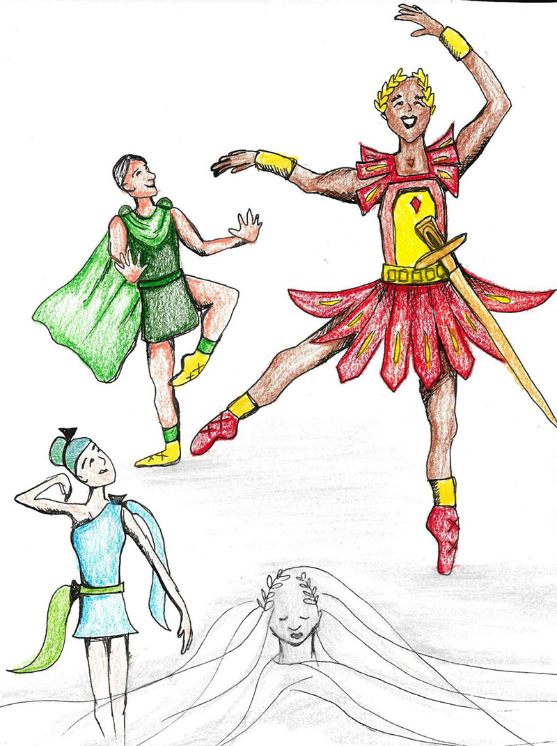 illustration of four dancers from fake Ides of March ballet