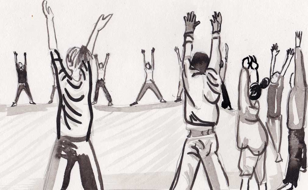 illustration of people standing in a circle with arms raised
