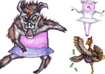 Illustrations of dancing wildebeest, pig, and turkey