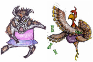 Illustrations of wildebeest and turkey dancing