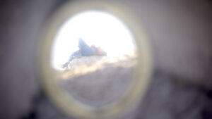 Miles is laying on a rock as seen through a circle that fills half the frame.