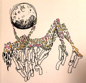 An illustration of a supine woman held up by many hands. She is holding a planet above her.