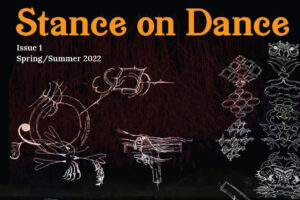 "Stance on Dance" in orange against an illustration of etchings on a black background.