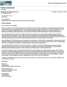 A copy of Cherie Hill’s Public Comment submitted to the California Department of Education’s 2020 California Arts Framework Committee.