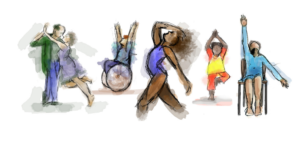 A row of illustrations of standing and wheelchair dancers in different poses.