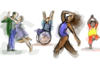 A row of four illustrations of dancers in different poses.