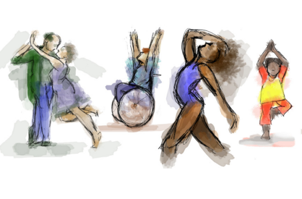 A row of four illustrations of dancers in different poses.