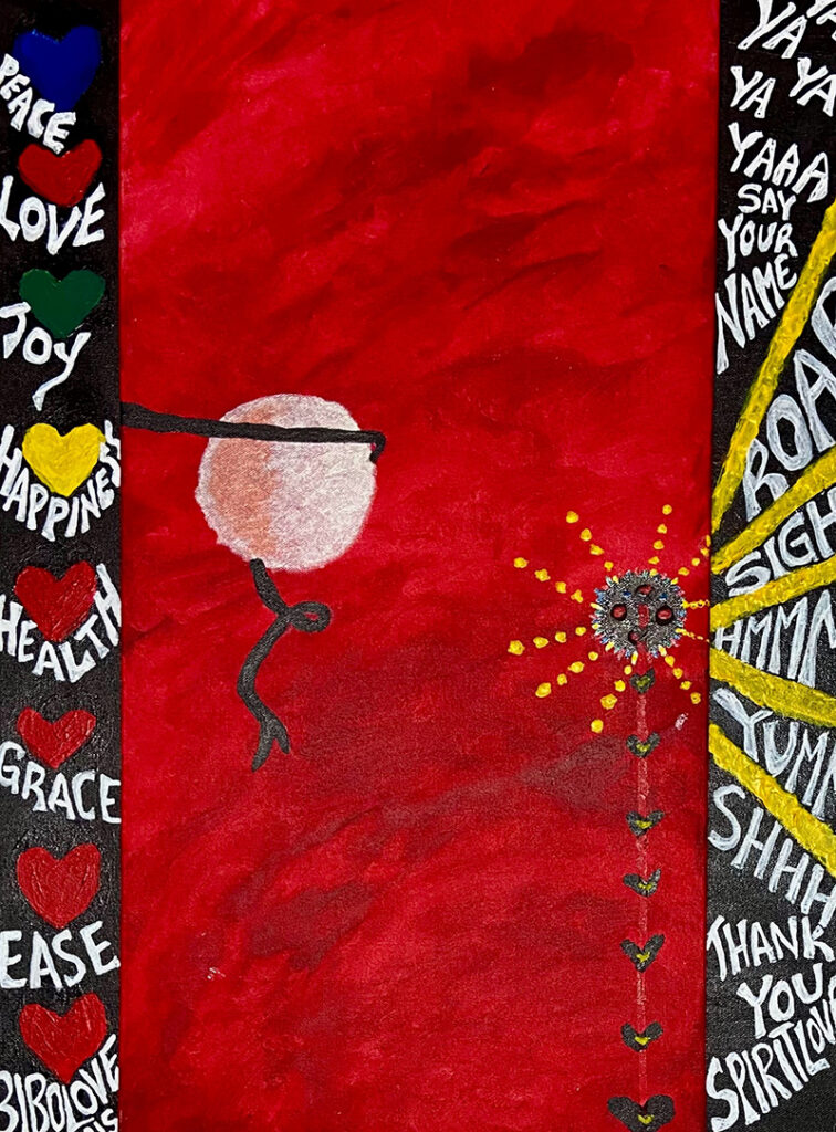 A red painting with a balloon and black sides with words in white.