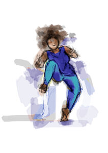 An illustration of a dancer with one leg lifted and arms flat in front of them.