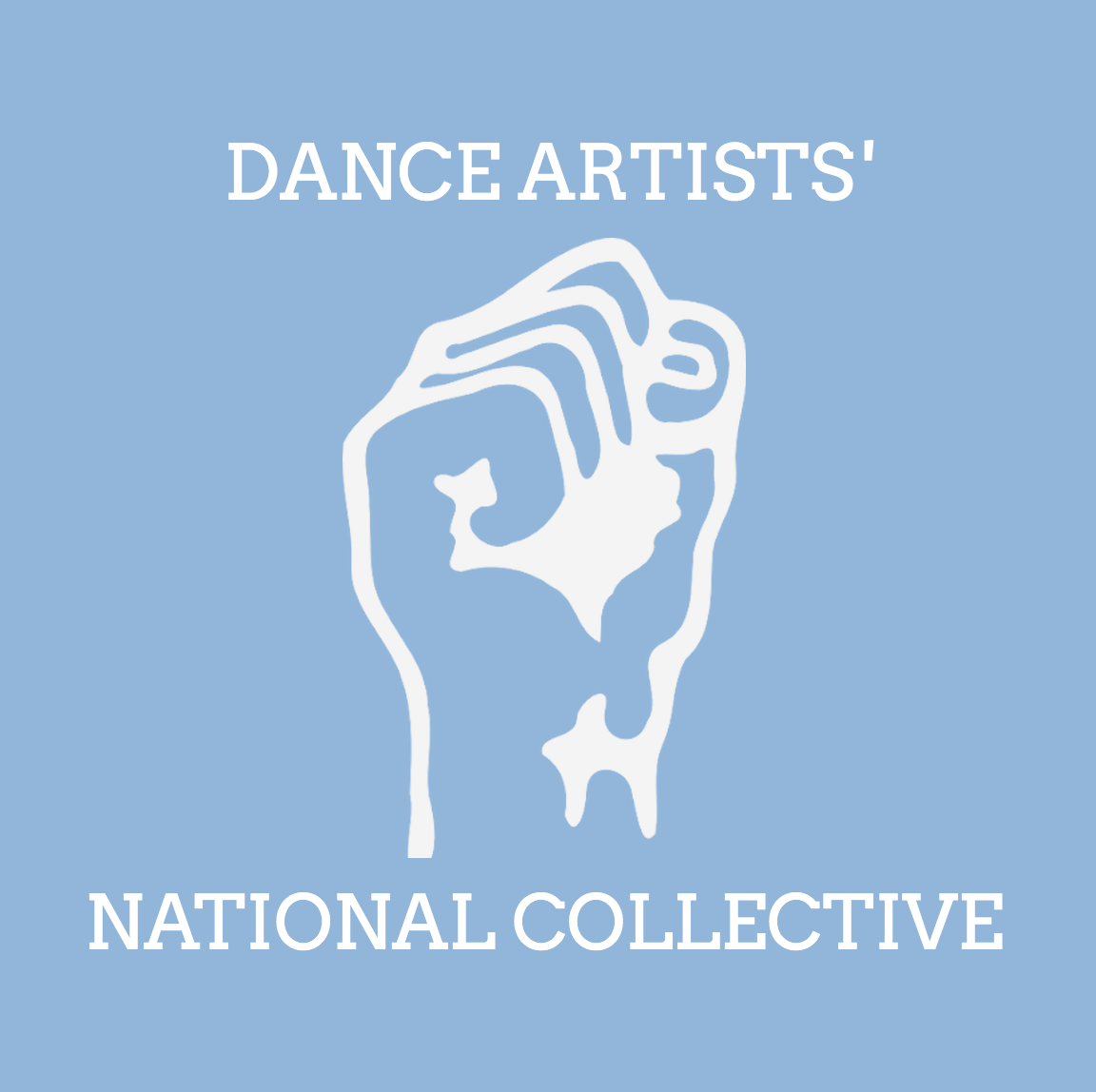 Dance Artists' National Collective with a fist against a blue background