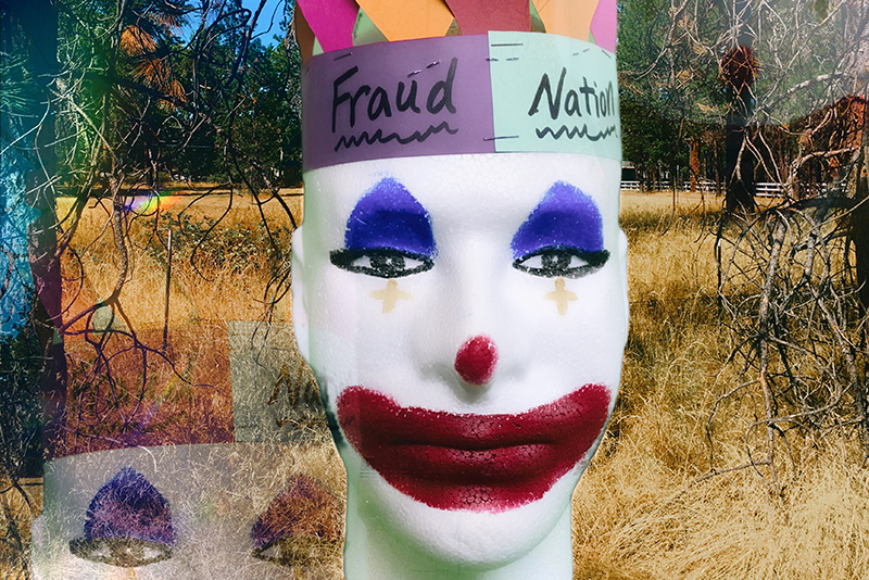A clown mask with a headband reading "fraud nation" set among dried grasses.