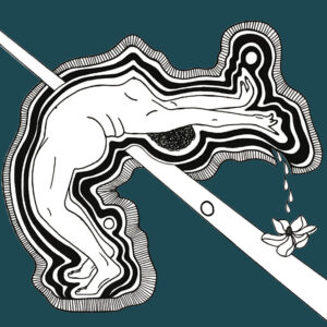 Illustration of a fat woman leaning back from the side against a turguoise background.