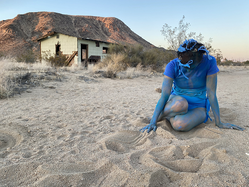 Liz sits in the sand wearing a blue outfit with her skin painted blue. A desert scene is behind her.