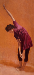 A long painting of a dancer leaning over with one arm raised. She is wearing a pink shirt and black leggings against an orange background.