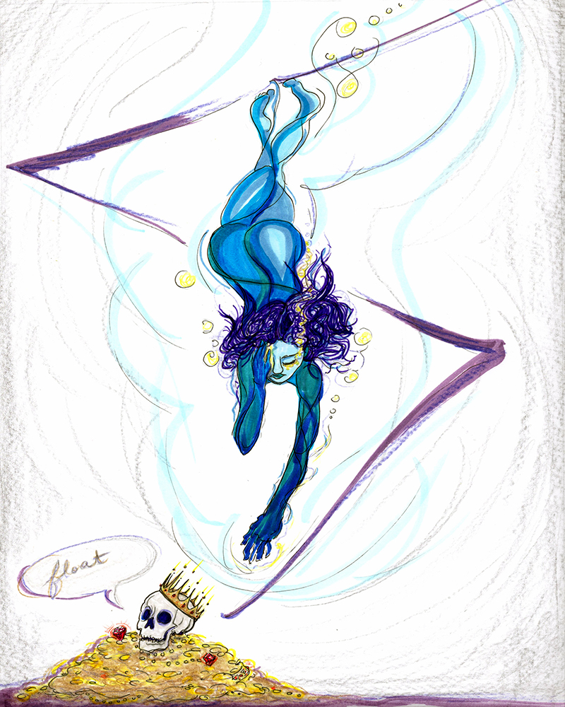 An illustration of a blue woman swinging downward toward treasure.