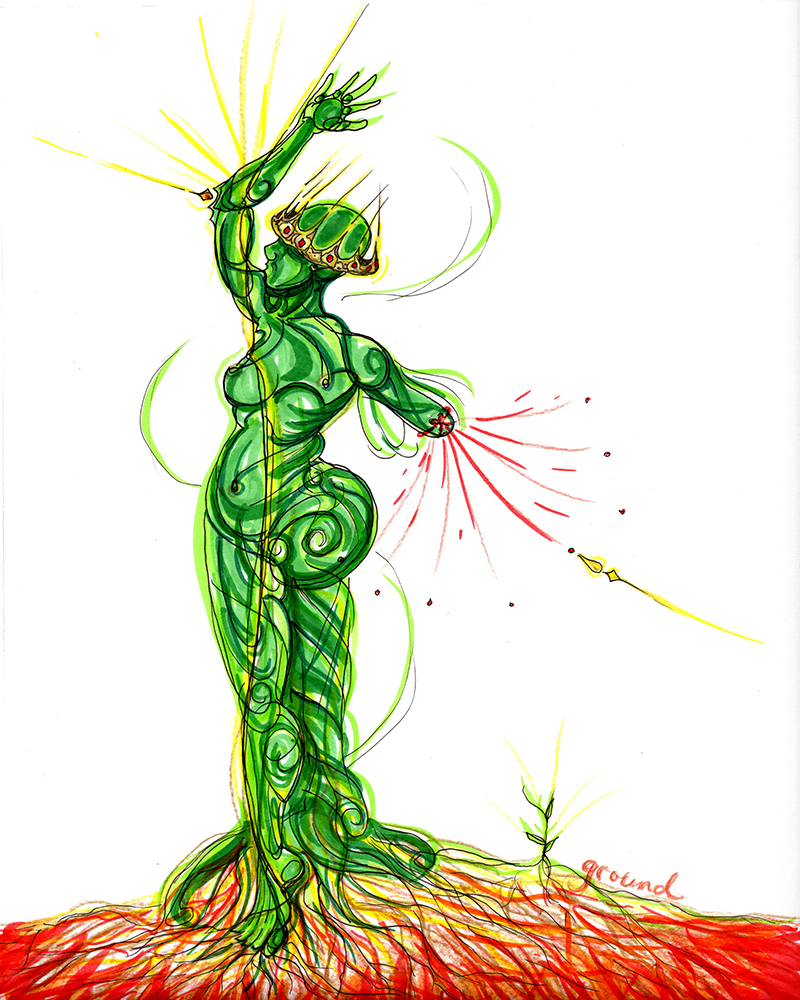 An illustration of a green figure spouting from the ground with one arm missing and bleeding.