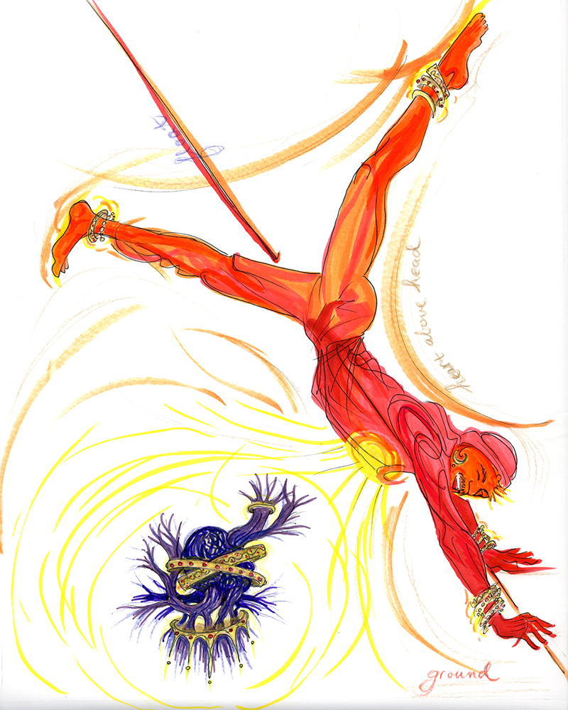 An illustration of a red dnacer doing a handstand.