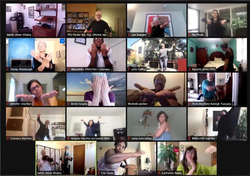 A Zoom meeting with many windows showing folks dancing in their own spaces.