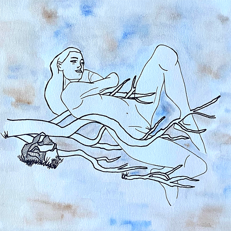 A drawing of a naked woman reclining on a branch.