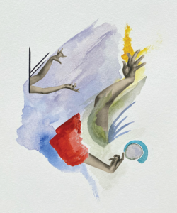 An illustration of gesturing arms and hands reaching out of abstract shapes and colors.