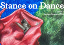 An illustration of a dancer outside with a huge red piece of fabric.