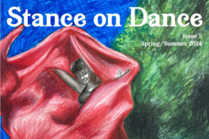 An illustration of a dancer outside with a huge red piece of fabric.