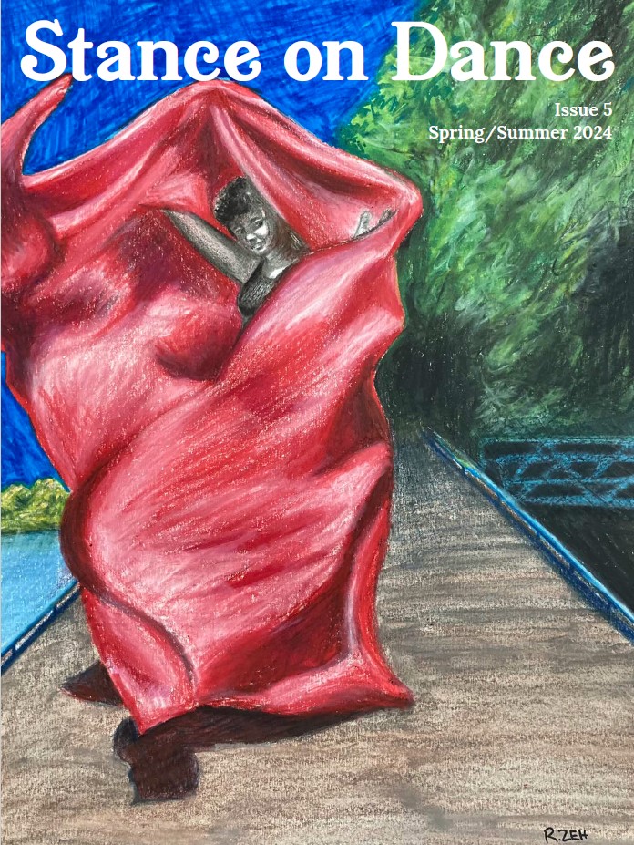 An illustration of a dancer outside with a huge red piece of fabric.