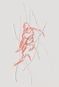 An outline in red of an abstract figure moving against embossed white paper.