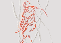An outline in red of an abstract figure moving against embossed white paper.