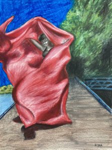 An illustration of a dancer outside with a huge red piece of fabric.