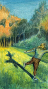 A drawing of a person dancing outside among trees and watching their shadow.