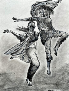 An illustration of two dancers soaring in a jump with outstretched arms like birds.