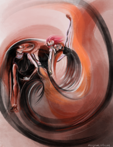 A swirling orangish and black illustration of three dancers.